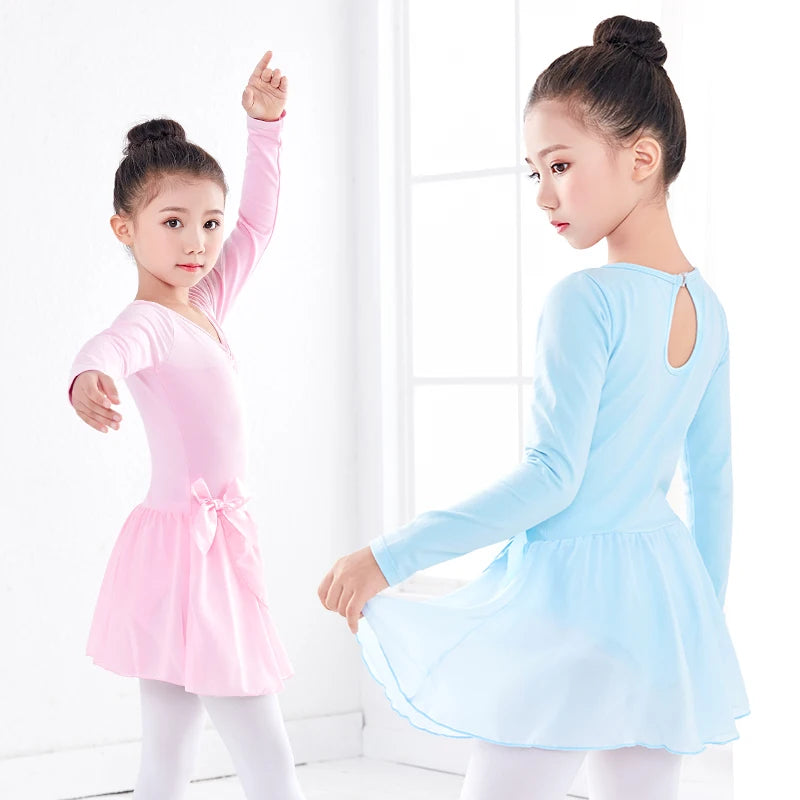 Kids Girl платье Ballet Gymnastics Leotard Dress Performance Long/Short Sleeve Dance Leotard Dancewear Clothes with Chiffon Tie
