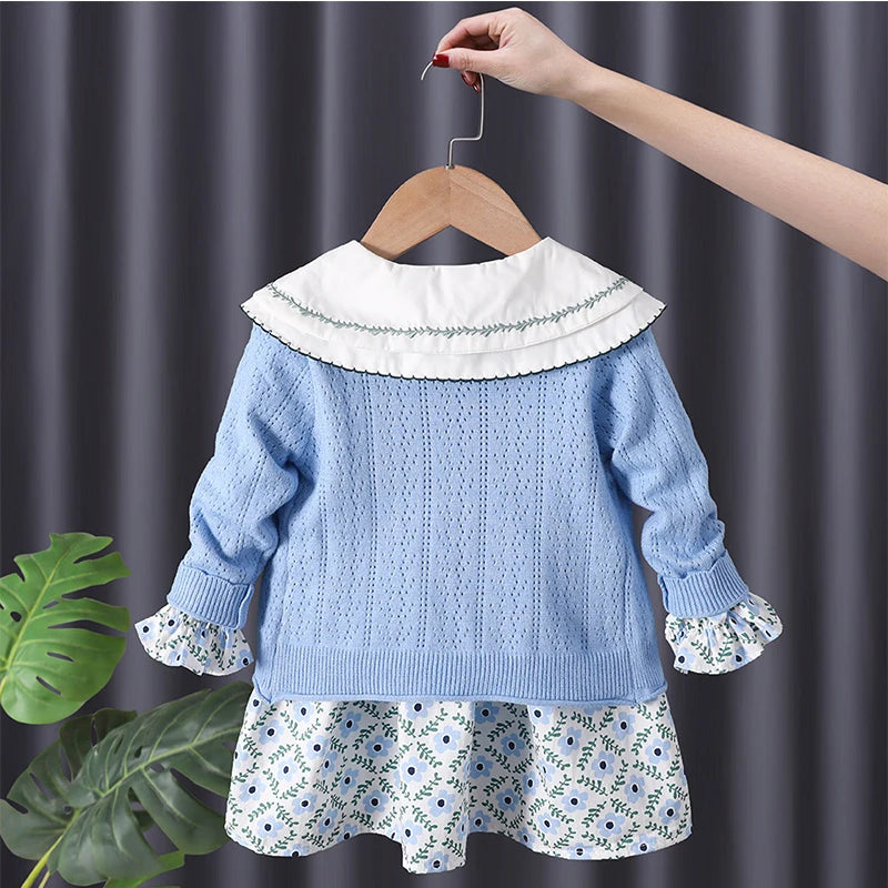 Korean Children's Clothing 2024 Spring autumn Pastoral Two-Piece Sweater Matching Set Floral Kids' Dresses For Girls 1 To 6 Year