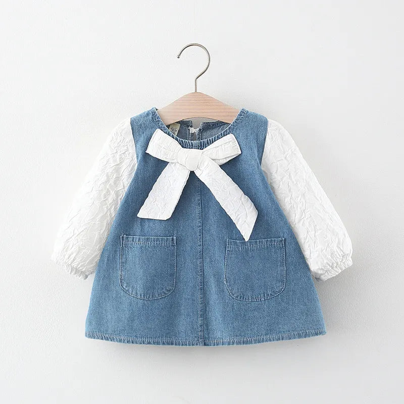 Newborn baby Girls Spring fall clothes Outfits Bow Denim Dress costume for toddler baby Girl cloth 1 year Birthday Dresses dress