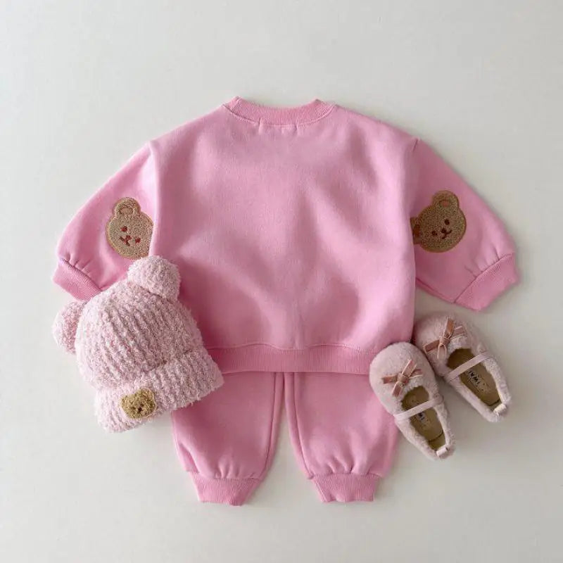 2024 Spring Kid Cute Bear Tracksuit Boy Girl Children Cartoon Cotton Tops+Solid Pants 2ps Fashion Baby Embroidery Sweatshirt Set