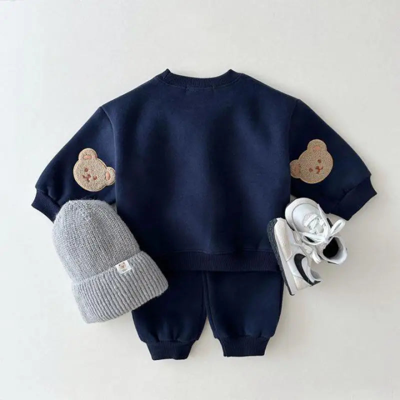 2024 Spring Kid Cute Bear Tracksuit Boy Girl Children Cartoon Cotton Tops+Solid Pants 2ps Fashion Baby Embroidery Sweatshirt Set