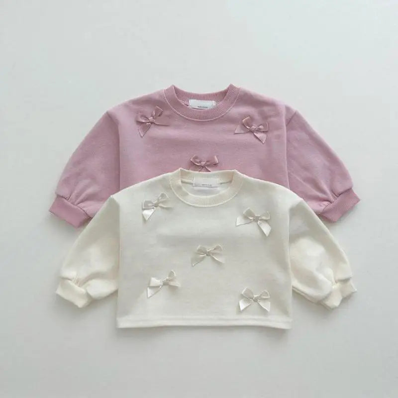 2024 Spring New Girl Baby Sweet Bow Long Sleeve Sweatshirt Children Solid Fashion Tops Kid Casual Cotton T-shirt Toddler Clothes